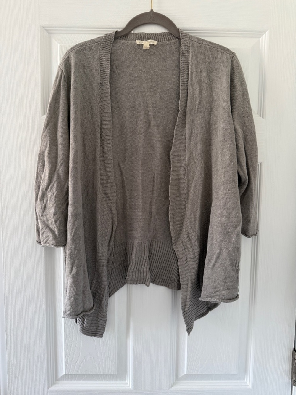 Eileen Fisher Heather Gray Open-Front Draped Cardigan Size Large Organic Linen